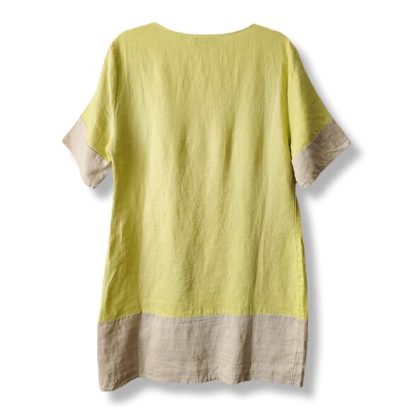Yellow Beige Linen Short Sleeve Shift Mini Dress M Scandi Neutral Coastal NEW - Picture 5 of 10